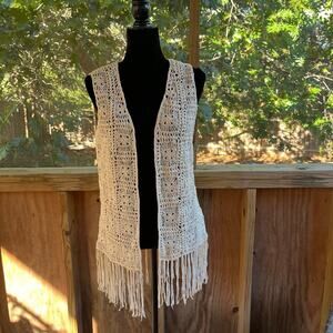 Reba Women's Tan Crocheted Open Vest Cardigan Fringe Trim Size M